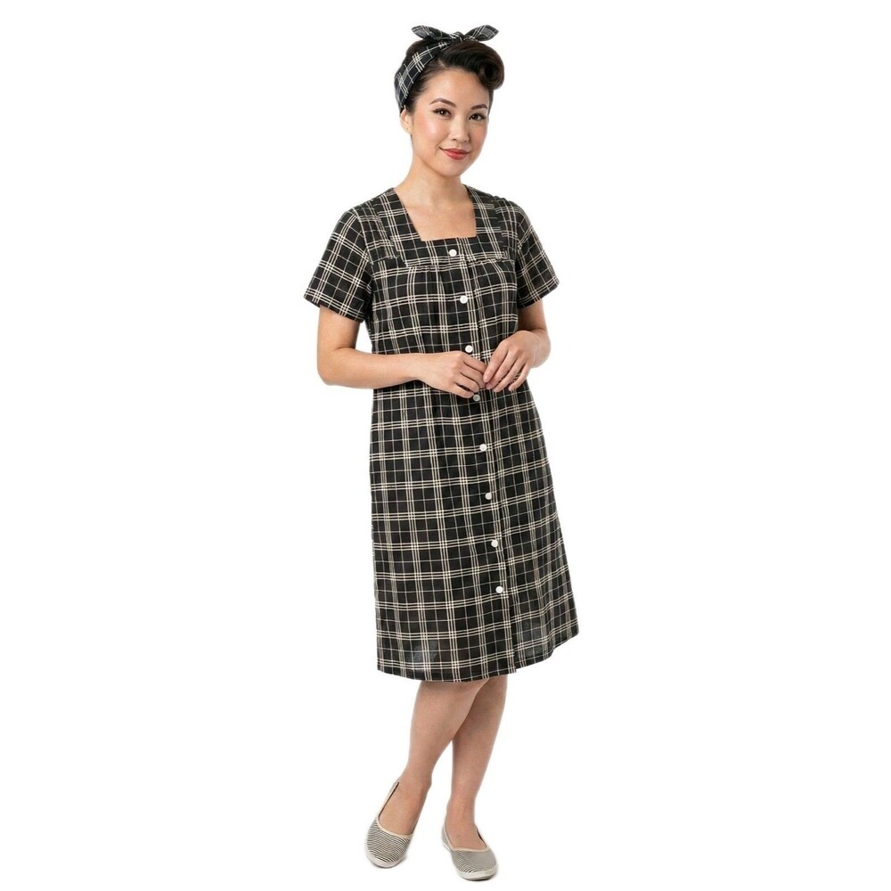VTG Y2K Does 50s Patio Dress Square Neck Black Ivory Plaid Oversized Women's S